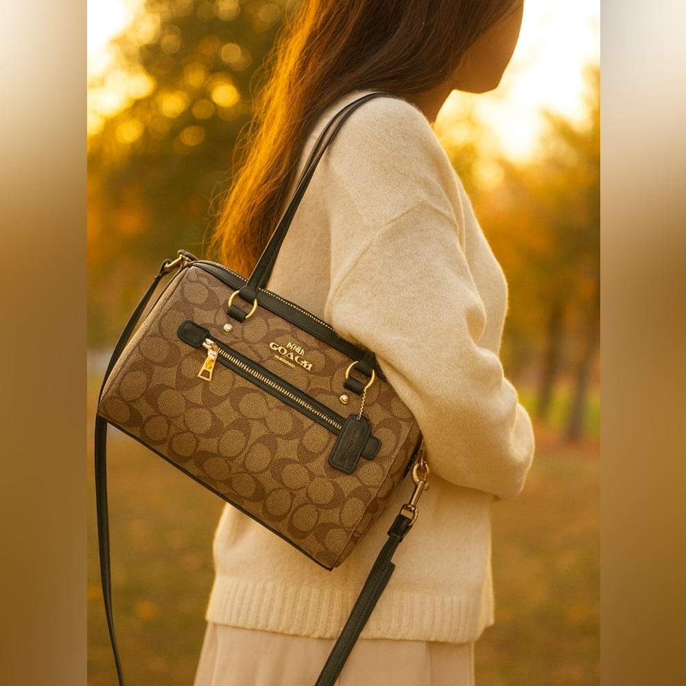 Coach Rowan Satchel In Dark Signature And Metallic Green NWOT